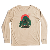 The Rising Sun LS Tee is a beige long-sleeve t-shirt featuring a green tree with a backdrop of a red sun. The word "BOSK" appears vertically at the top right and is also elegantly printed in black on the left sleeve cuff, while the brand name sits at the base of the tree. Designed for men's classic fit to ensure comfort.